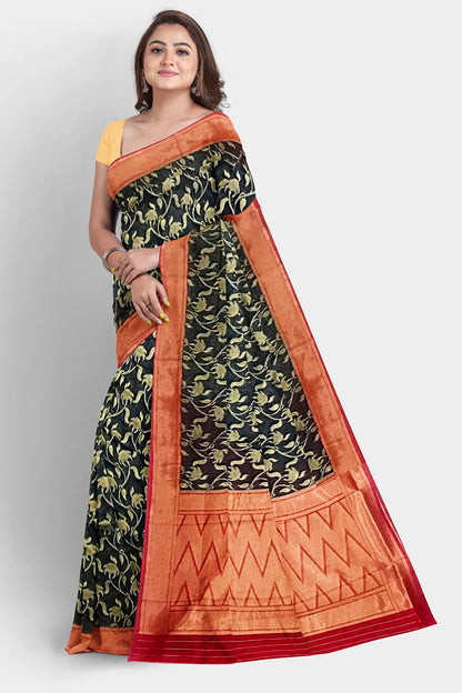 Banarasi Sarees: Gergette Kora Silk Zari Jaal Saree (Redish Green)