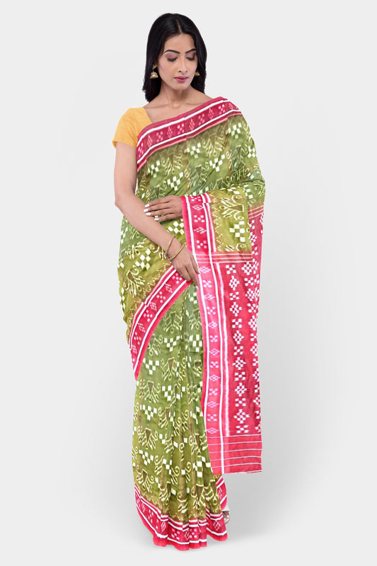 Handcrafted Cotton Saree : Traditional BodyBandh Weave by Artisans Of Odisha (Green)