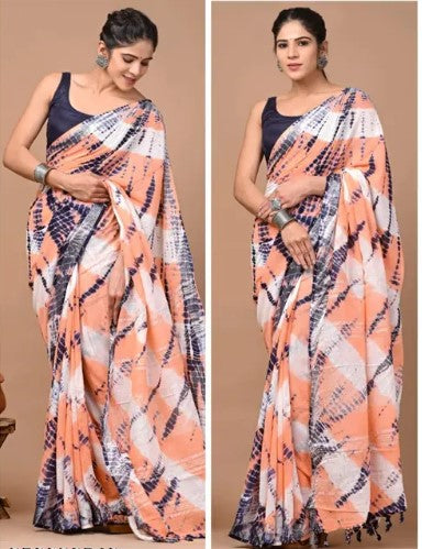 Cotton Linen Bhagalpur Shibori Dyed Saree (Peach)