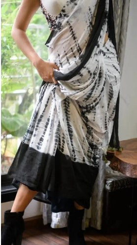 Cotton Linen  Shibori Printed Saree (White)