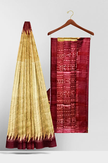 Tusser Silk Saree : Handcrafted Pure Tusser Giccha Silk Traditional Ikkat Saree From Gopalpur Tusser (Maroon)