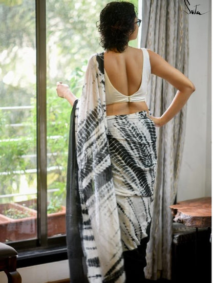 Cotton Linen  Shibori Printed Saree (White)