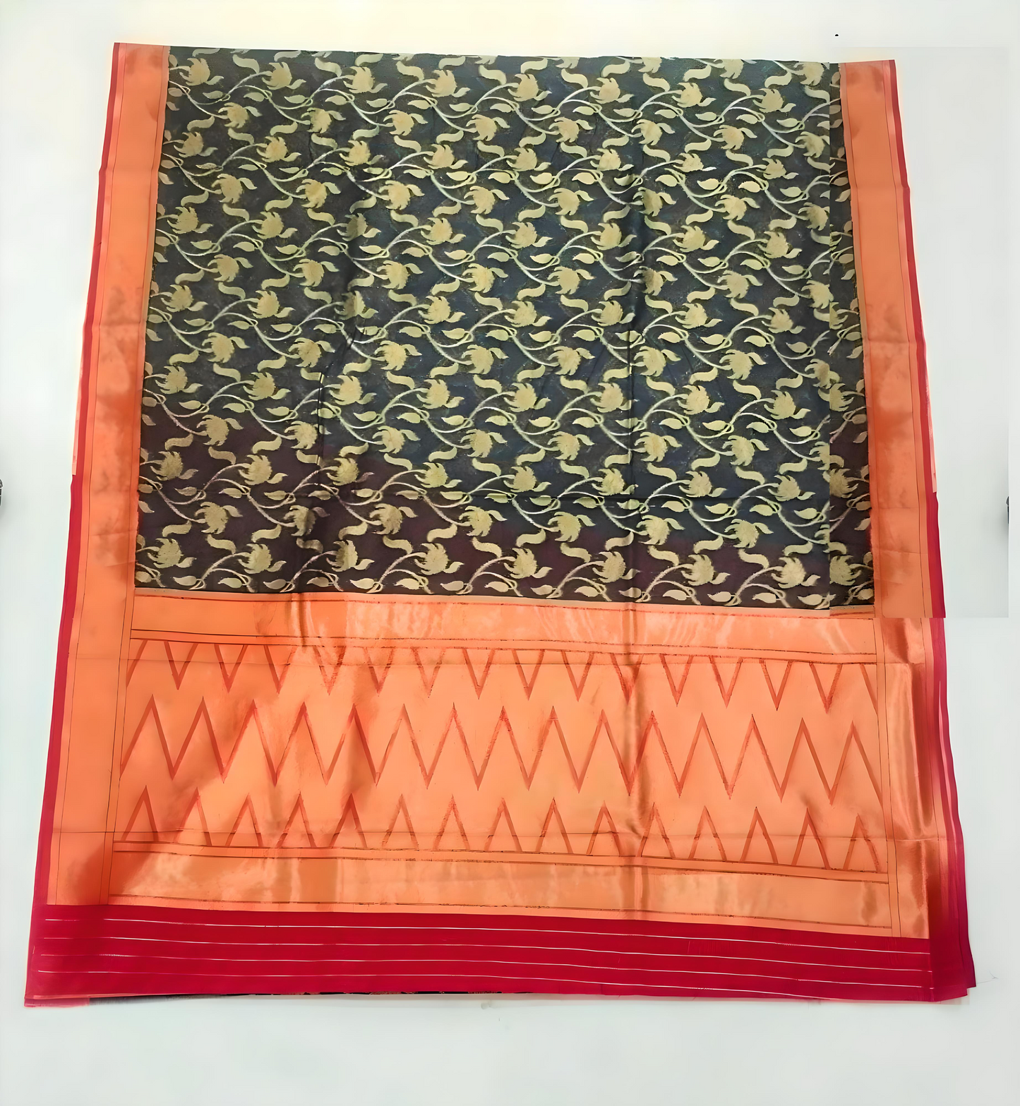 Banarasi Sarees: Gergette Kora Silk Zari Jaal Saree (Redish Green)