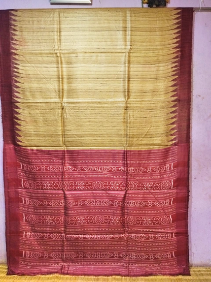 Tusser Silk Saree : Handcrafted Pure Tusser Giccha Silk Traditional Ikkat Saree From Gopalpur Tusser (Maroon)