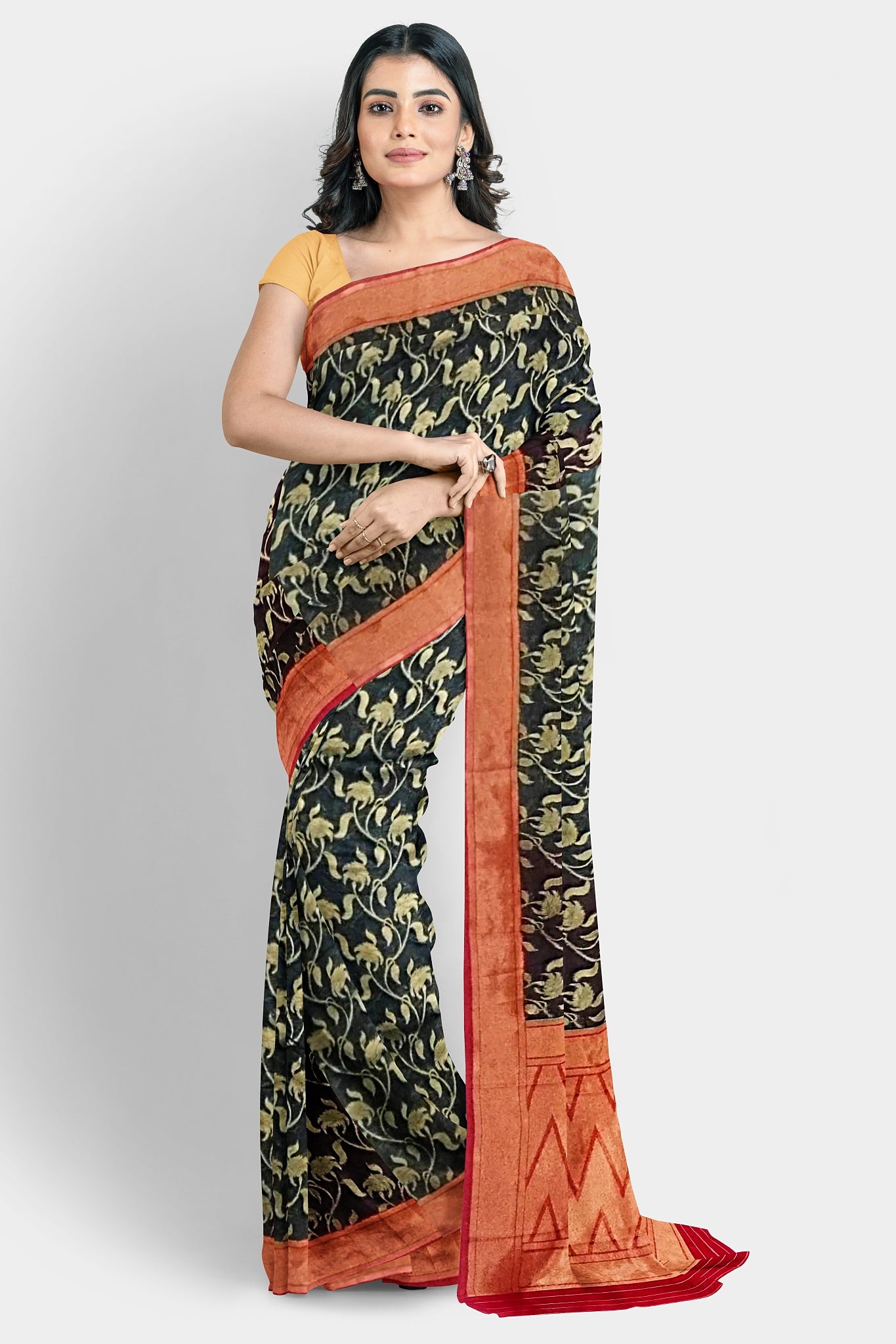 Banarasi Sarees: Gergette Kora Silk Zari Jaal Saree (Redish Green)