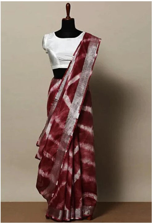 Cotton Linen Bhagalpur Shibori Dyed Saree (Maroon)