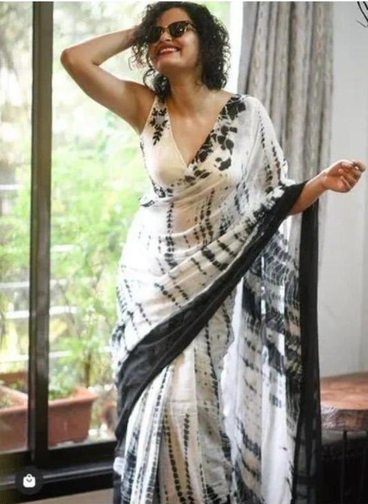 Cotton Linen  Shibori Printed Saree (White)