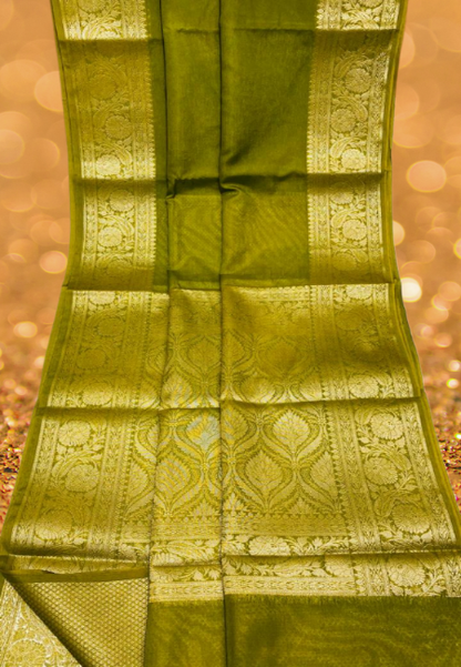 Women's Indian Traditional Banarasi Saree Crepe Plain Rich Palu Butti Blouse - Olive