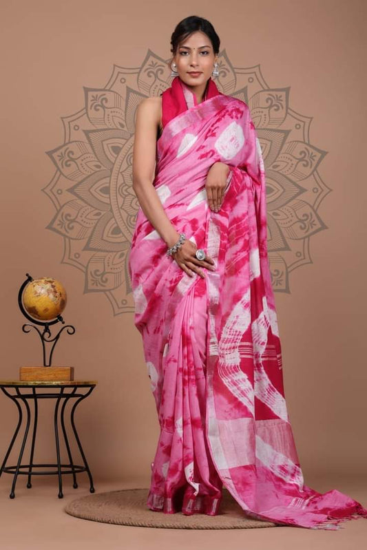 Cotton Linen Bhagalpur Shibori Dyed Saree (Pink)