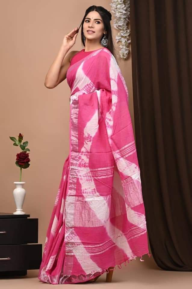 Cotton Linen Bhagalpur Shibori Dyed Saree (Pink)