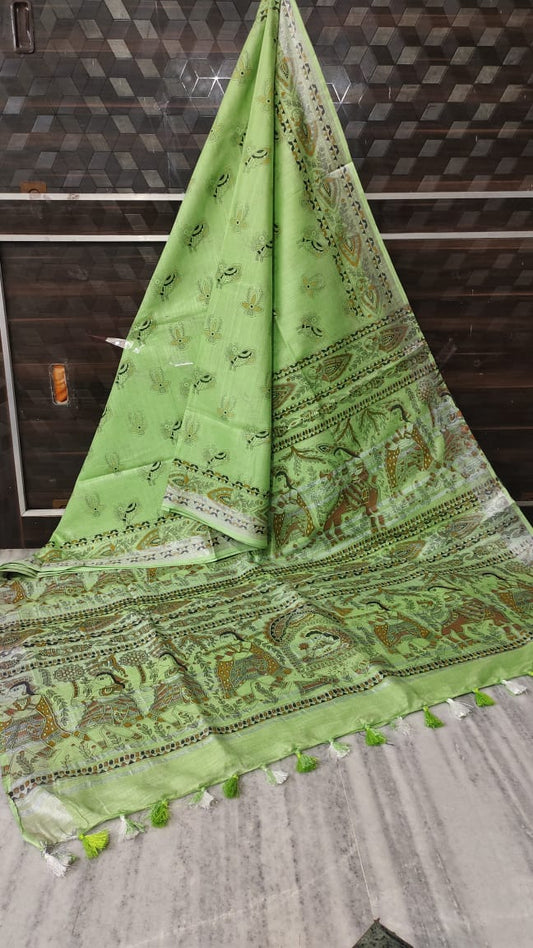 Ikkat Cotton Handloom Suits Material (Green)